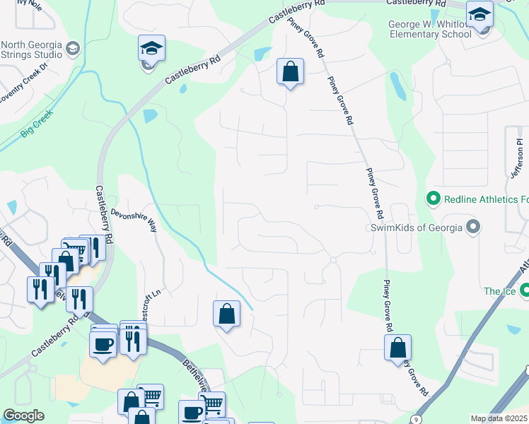 map of restaurants, bars, coffee shops, grocery stores, and more near 5880 Crestwick Way in Cumming