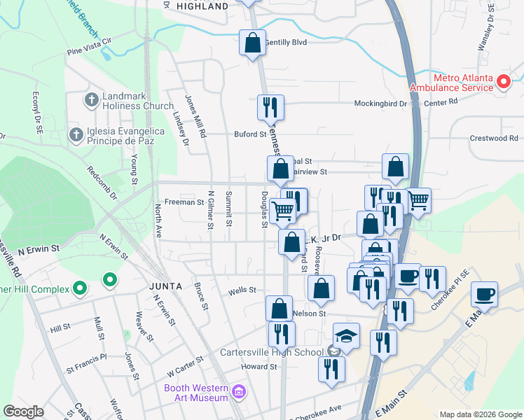 map of restaurants, bars, coffee shops, grocery stores, and more near 402 Douglas Street in Cartersville