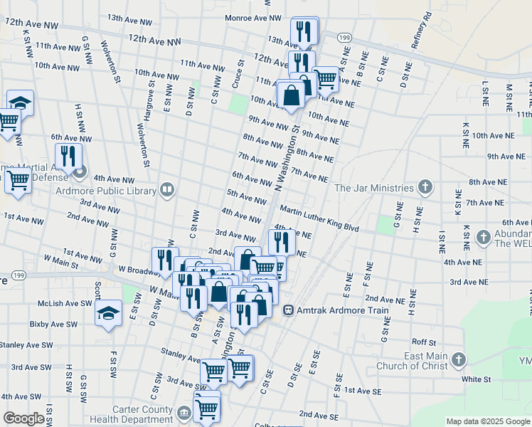 map of restaurants, bars, coffee shops, grocery stores, and more near 409 Oklahoma 199 in Ardmore