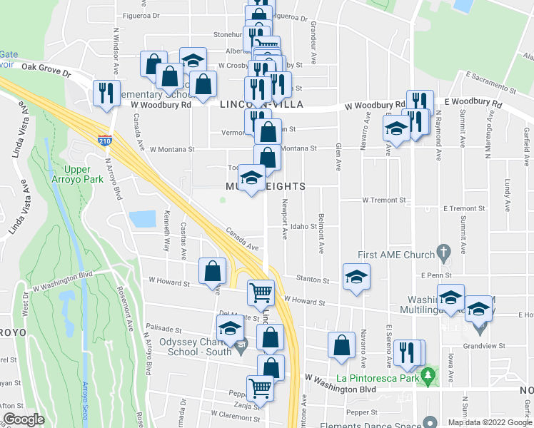 map of restaurants, bars, coffee shops, grocery stores, and more near 1852 Lincoln Avenue in Pasadena