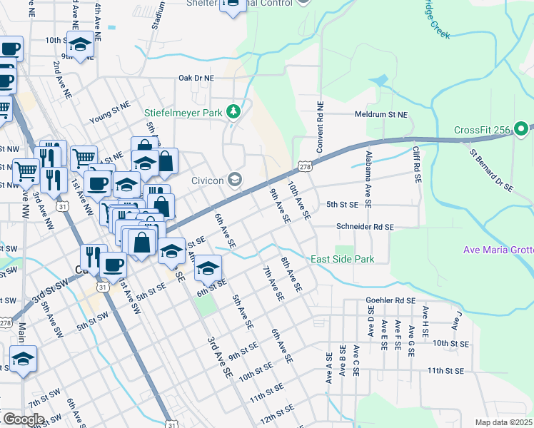 map of restaurants, bars, coffee shops, grocery stores, and more near 400 8th Avenue Southeast in Cullman