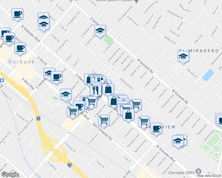 map of restaurants, bars, coffee shops, grocery stores, and more near 2050 5th Street in Glendale