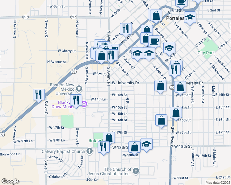 map of restaurants, bars, coffee shops, grocery stores, and more near 830 West 14th Street in Portales