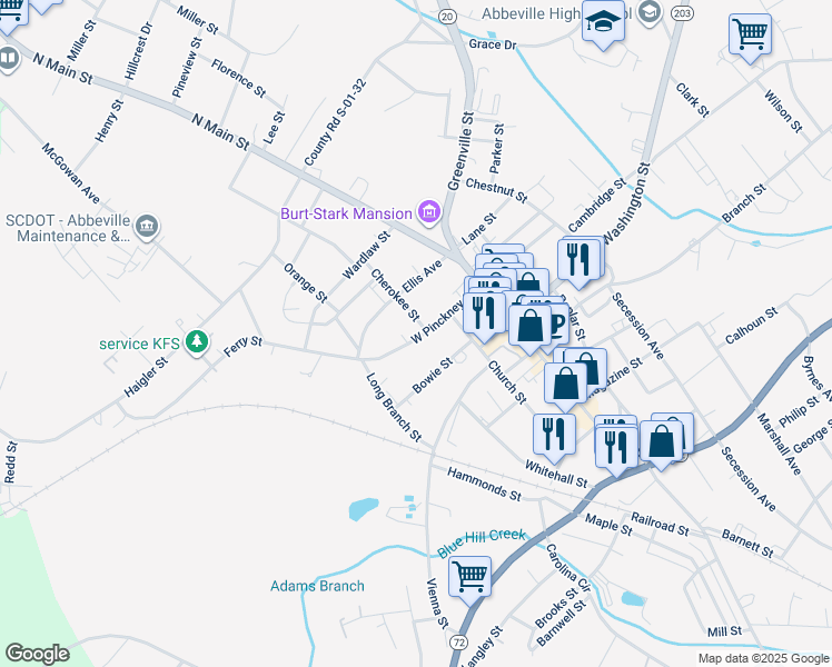 map of restaurants, bars, coffee shops, grocery stores, and more near 302 West Pinckney Street in Abbeville