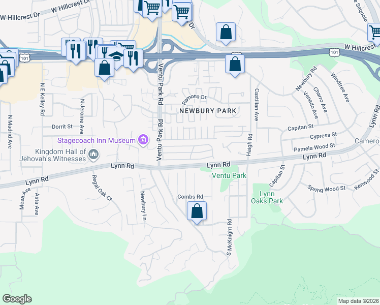 map of restaurants, bars, coffee shops, grocery stores, and more near 250 Farland Drive in Thousand Oaks