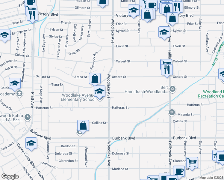 map of restaurants, bars, coffee shops, grocery stores, and more near 5904 Woodlake Avenue in Los Angeles