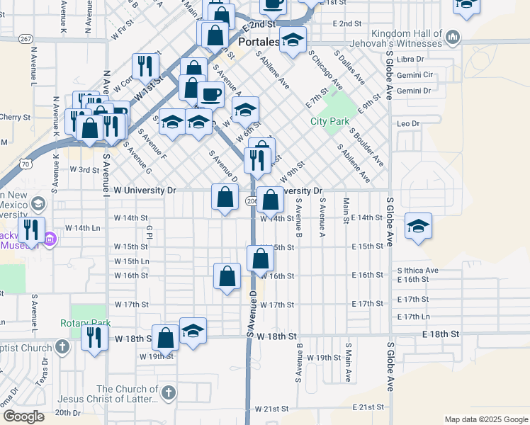 map of restaurants, bars, coffee shops, grocery stores, and more near 1330 South Avenue C in Portales