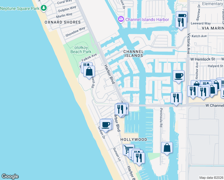 map of restaurants, bars, coffee shops, grocery stores, and more near 2353 Martinique Lane in Oxnard