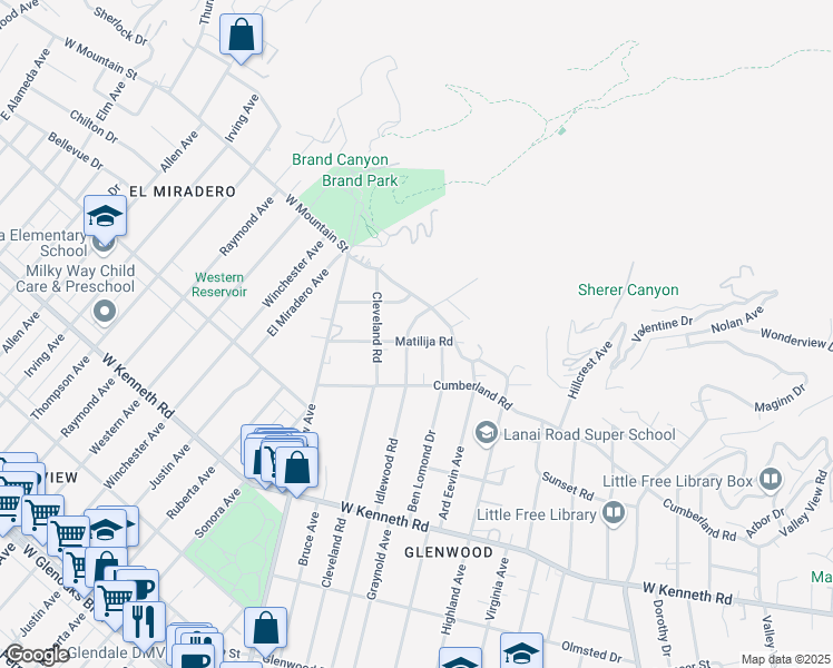 map of restaurants, bars, coffee shops, grocery stores, and more near 881 Matilija Road in Glendale