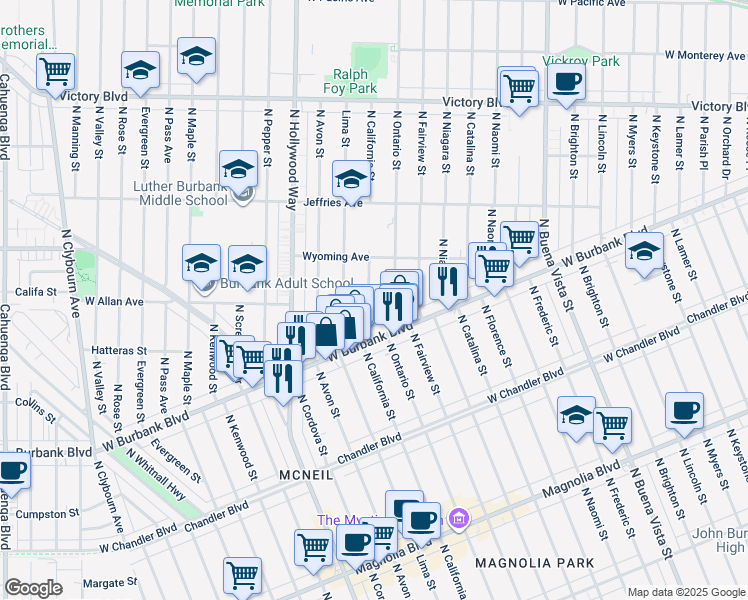 map of restaurants, bars, coffee shops, grocery stores, and more near 1504 North California Street in Burbank
