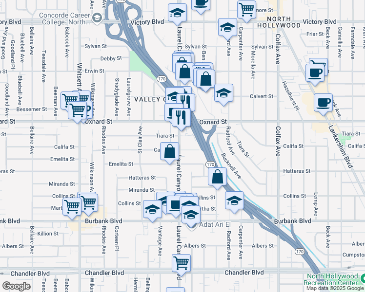 map of restaurants, bars, coffee shops, grocery stores, and more near 12053 Califa Street in Los Angeles