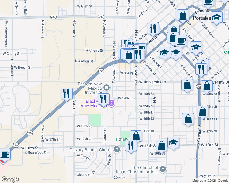 map of restaurants, bars, coffee shops, grocery stores, and more near 1129 West 14th Street in Portales