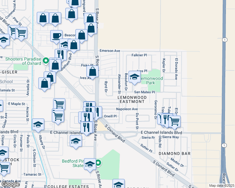 map of restaurants, bars, coffee shops, grocery stores, and more near 1870 San Mateo Place in Oxnard