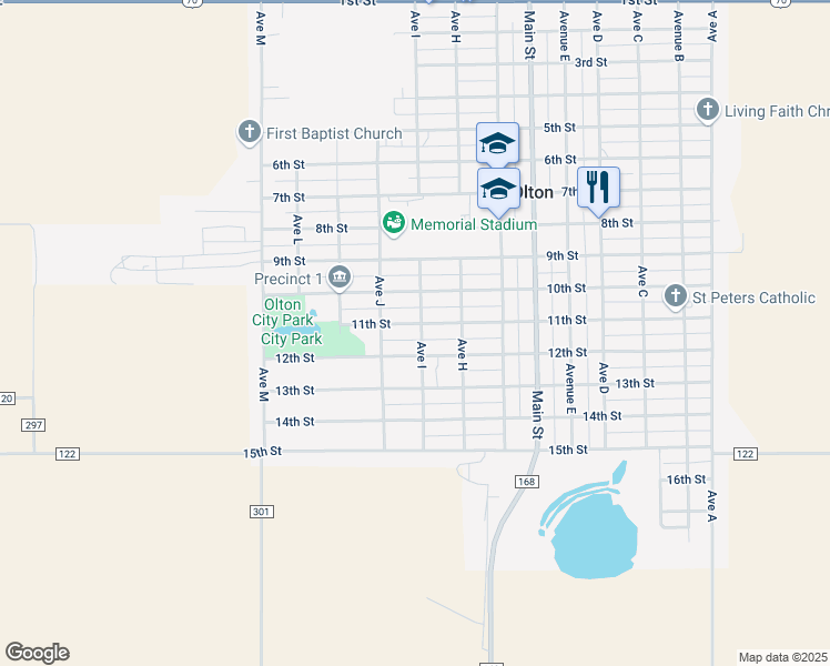 map of restaurants, bars, coffee shops, grocery stores, and more near 1100 Avenue I in Olton