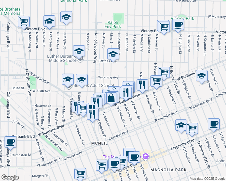 map of restaurants, bars, coffee shops, grocery stores, and more near Lima Street in Burbank