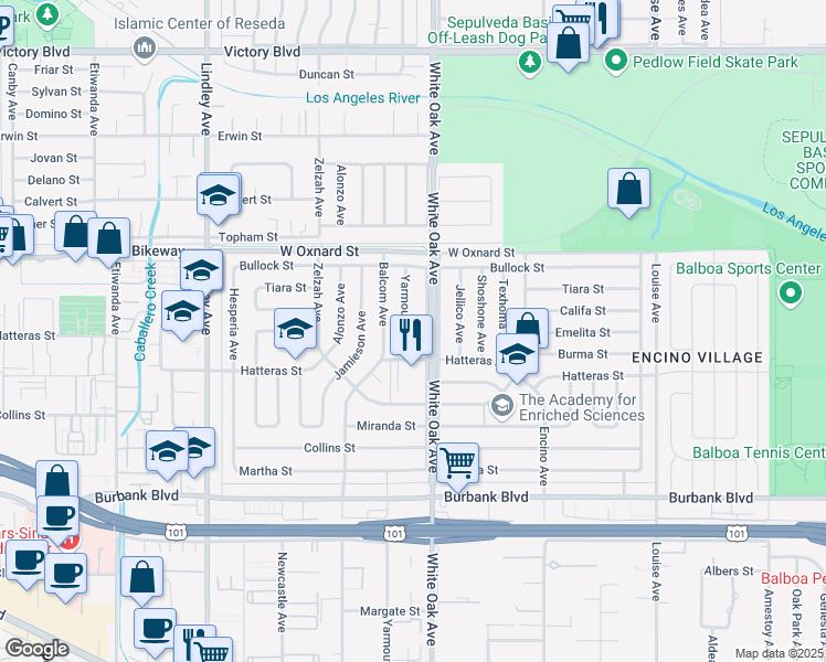 map of restaurants, bars, coffee shops, grocery stores, and more near 5906 Yarmouth Avenue in Los Angeles