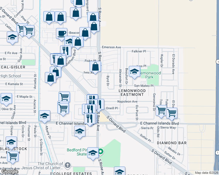map of restaurants, bars, coffee shops, grocery stores, and more near 1835 Kennedy Place in Oxnard