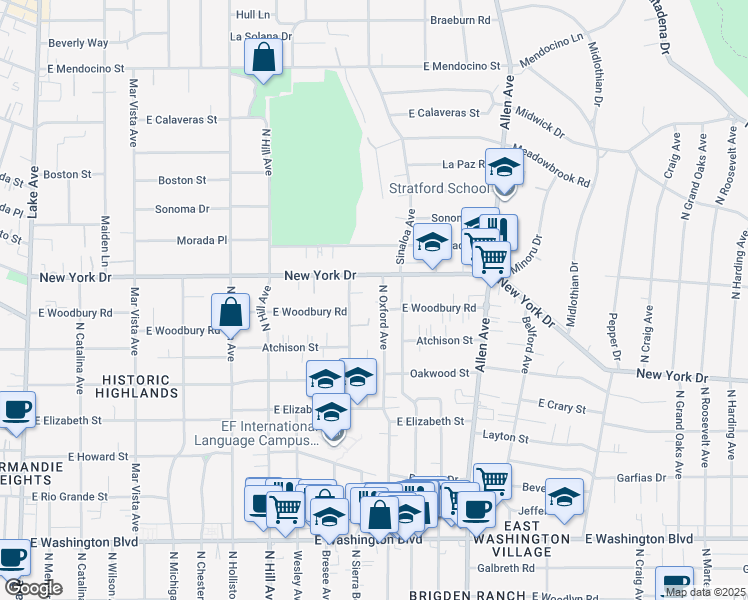 map of restaurants, bars, coffee shops, grocery stores, and more near 1831 North Oxford Avenue in Pasadena