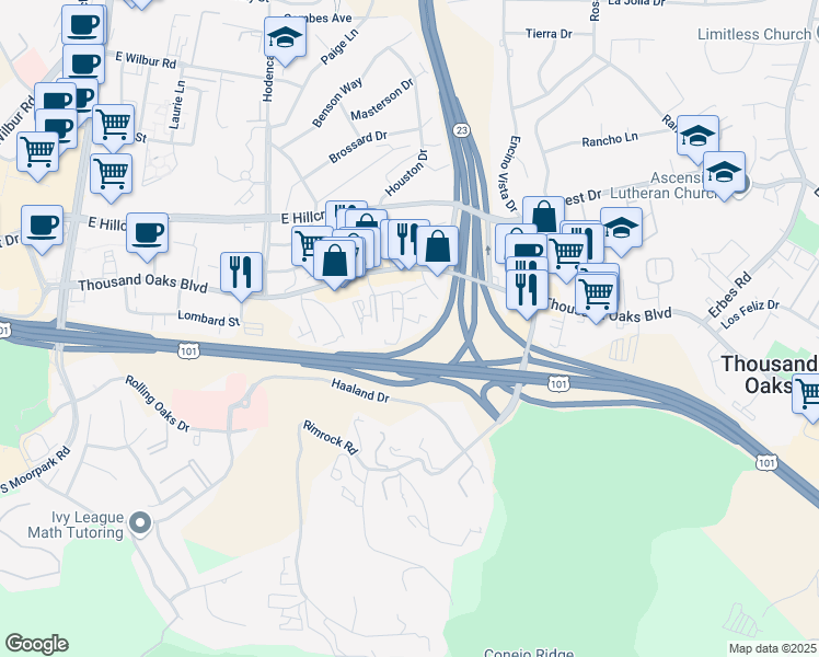 map of restaurants, bars, coffee shops, grocery stores, and more near 110 Jensen Court in Thousand Oaks