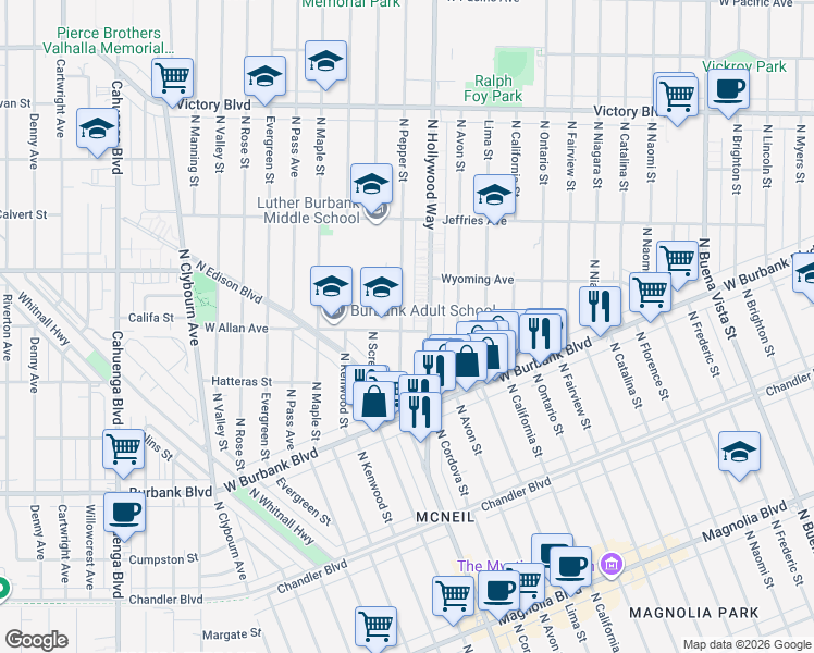map of restaurants, bars, coffee shops, grocery stores, and more near 1600 North Pepper Street in Burbank