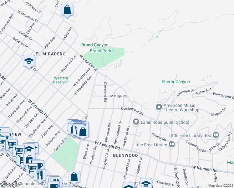 map of restaurants, bars, coffee shops, grocery stores, and more near 881 Matilija Road in Glendale