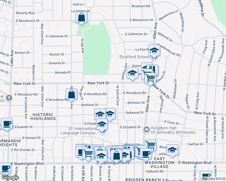 map of restaurants, bars, coffee shops, grocery stores, and more near 1831 North Oxford Avenue in Pasadena