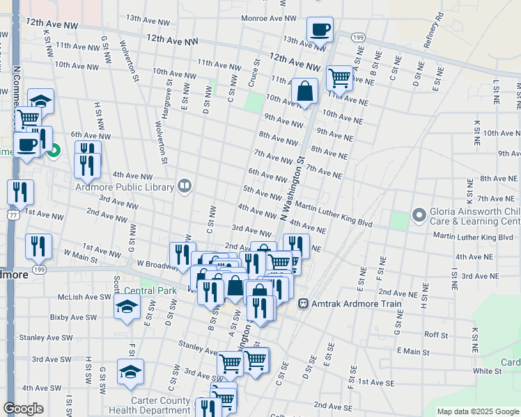 map of restaurants, bars, coffee shops, grocery stores, and more near 400 A Street Northwest in Ardmore