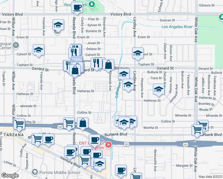 map of restaurants, bars, coffee shops, grocery stores, and more near 18211 Emelita Street in Los Angeles