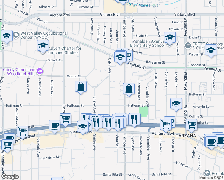 map of restaurants, bars, coffee shops, grocery stores, and more near 5902 Calvin Avenue in Los Angeles
