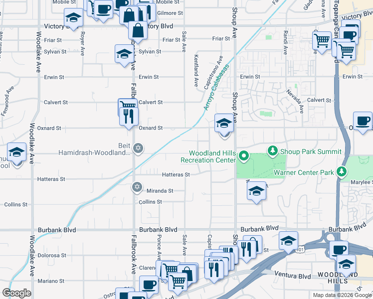 map of restaurants, bars, coffee shops, grocery stores, and more near 22545 Califa Street in Los Angeles