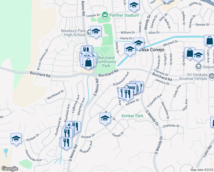 map of restaurants, bars, coffee shops, grocery stores, and more near 159 Dickenson Avenue in Thousand Oaks