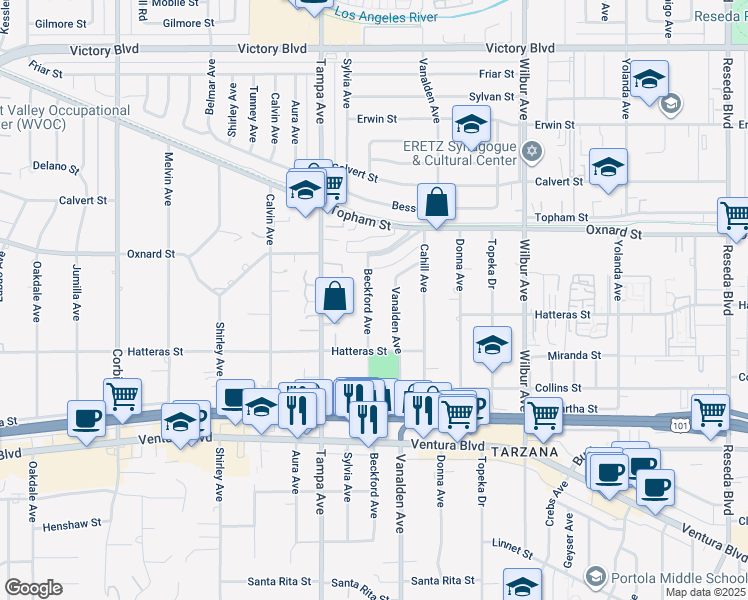 map of restaurants, bars, coffee shops, grocery stores, and more near 5906 Beckford Avenue in Los Angeles