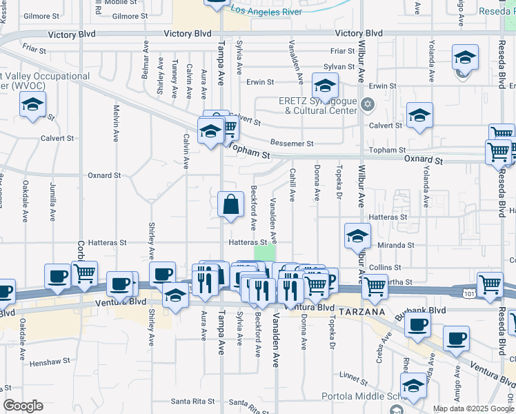 map of restaurants, bars, coffee shops, grocery stores, and more near 5906 Beckford Avenue in Los Angeles