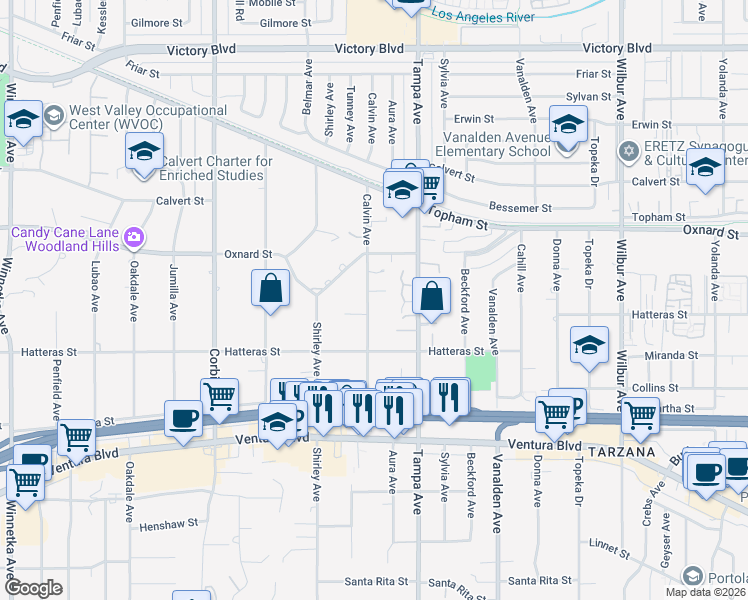 map of restaurants, bars, coffee shops, grocery stores, and more near 5902 Calvin Avenue in Los Angeles
