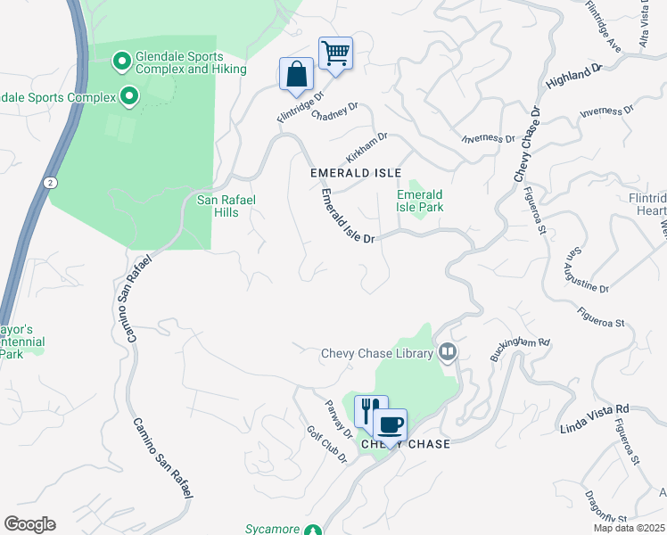 map of restaurants, bars, coffee shops, grocery stores, and more near 1934 Erin Way in Glendale