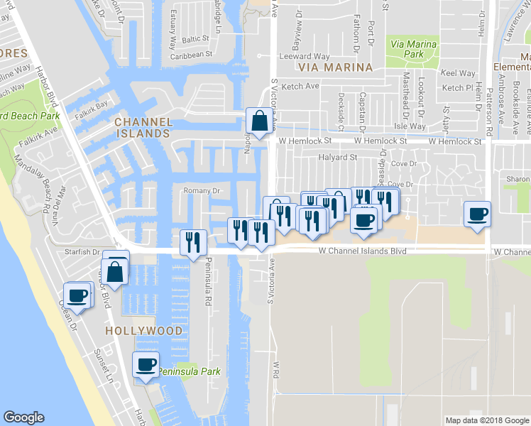 map of restaurants, bars, coffee shops, grocery stores, and more near 2351 Victoria Avenue in Ventura