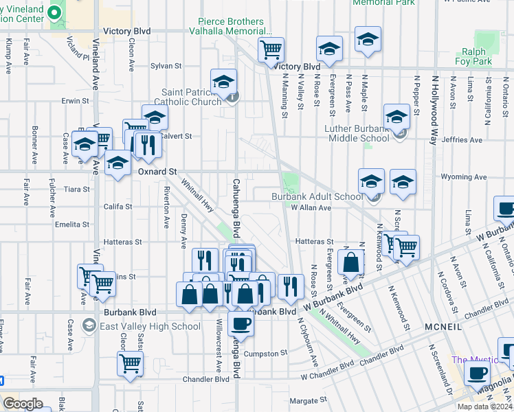 map of restaurants, bars, coffee shops, grocery stores, and more near 10444 Califa Street in Los Angeles