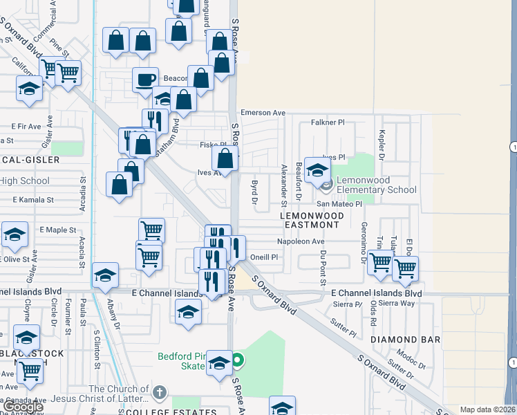 map of restaurants, bars, coffee shops, grocery stores, and more near 1835 Kennedy Place in Oxnard