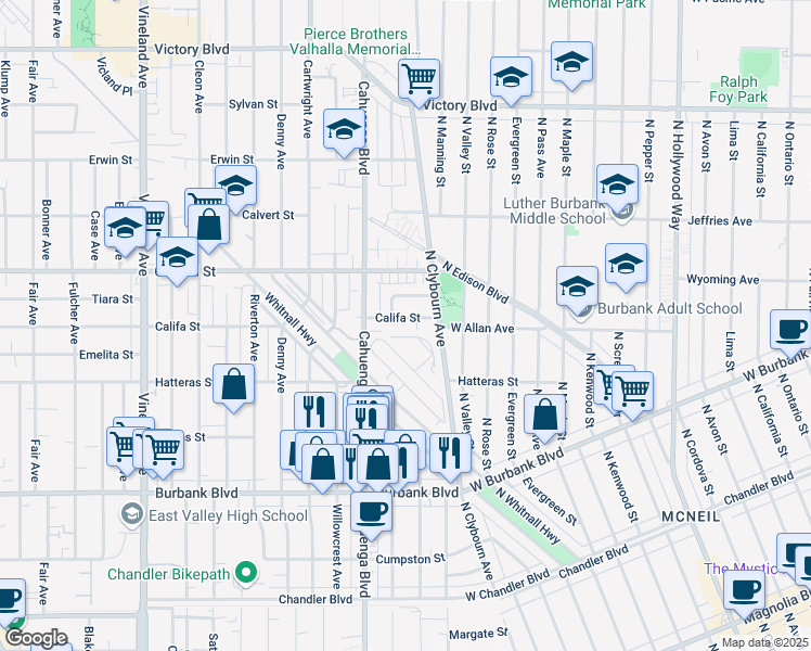 map of restaurants, bars, coffee shops, grocery stores, and more near 10434 Califa Street in Los Angeles