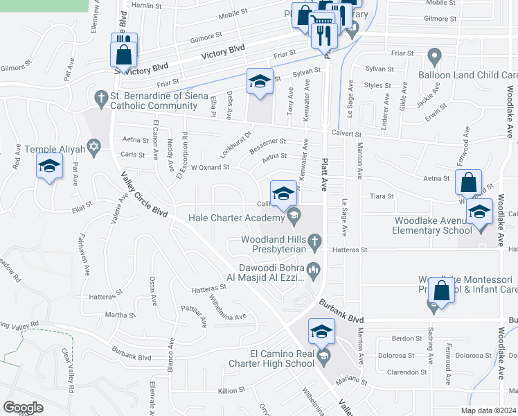 map of restaurants, bars, coffee shops, grocery stores, and more near 23900 Califa Street in Los Angeles