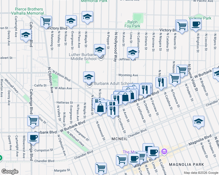 map of restaurants, bars, coffee shops, grocery stores, and more near 1600 North Pepper Street in Burbank