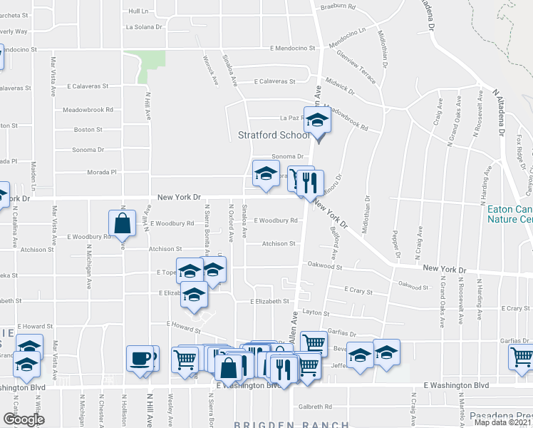 map of restaurants, bars, coffee shops, grocery stores, and more near 1745 East Woodbury Road in Pasadena