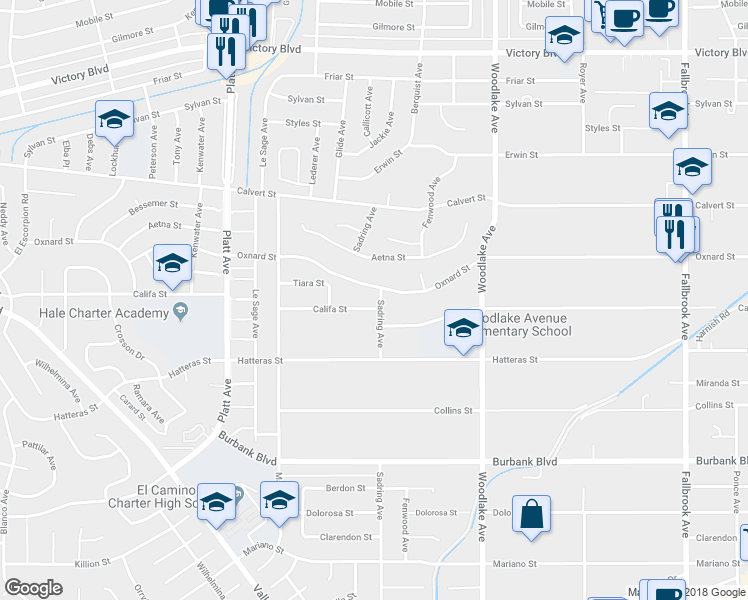 map of restaurants, bars, coffee shops, grocery stores, and more near 23405 Califa Street in Los Angeles
