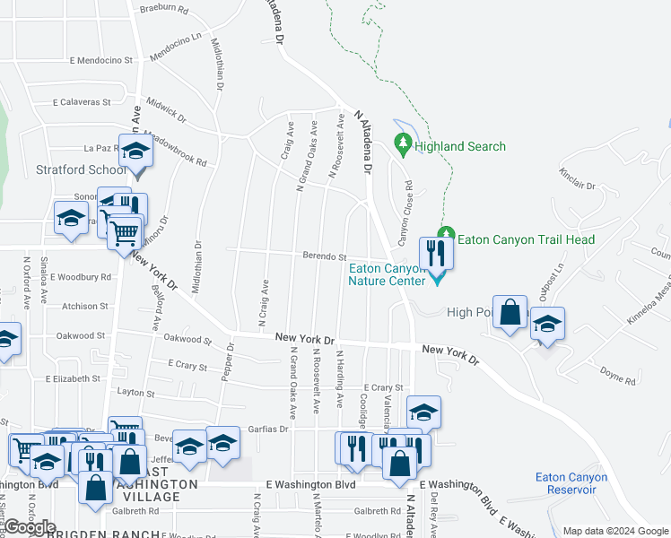 map of restaurants, bars, coffee shops, grocery stores, and more near 1837 North Harding Avenue in Altadena