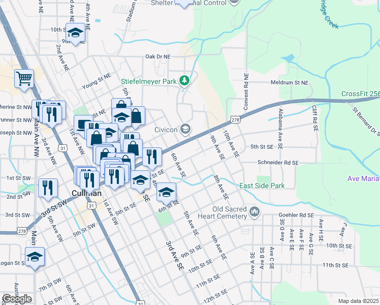 map of restaurants, bars, coffee shops, grocery stores, and more near 609 4th Street Southeast in Cullman