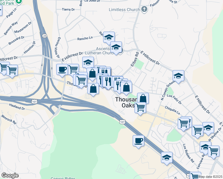 map of restaurants, bars, coffee shops, grocery stores, and more near 1710 East Thousand Oaks Boulevard in Thousand Oaks