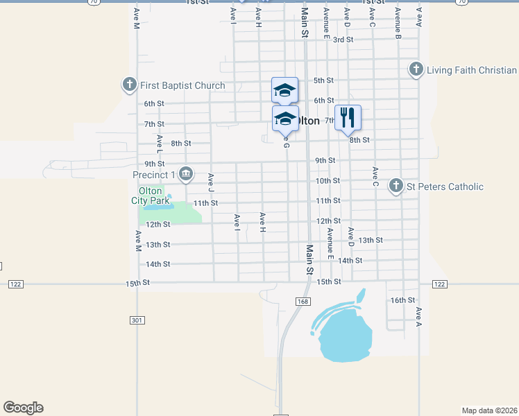 map of restaurants, bars, coffee shops, grocery stores, and more near 1100 Avenue H in Olton