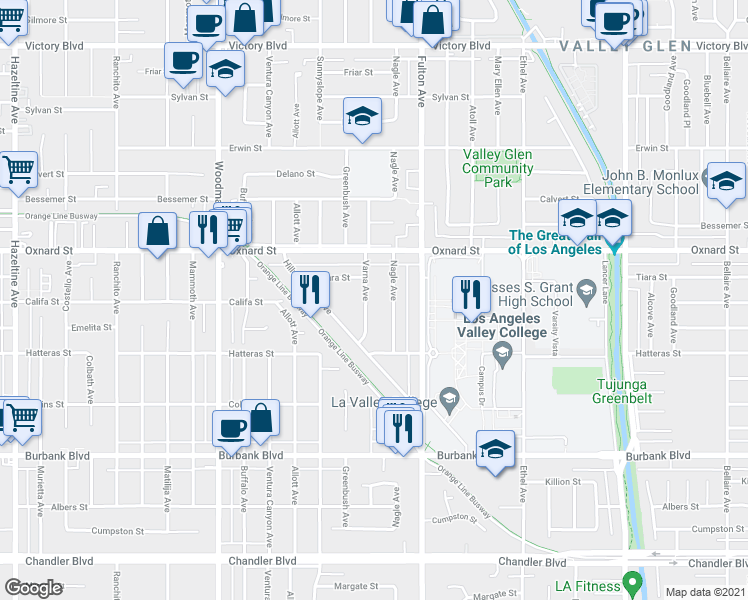 map of restaurants, bars, coffee shops, grocery stores, and more near 5866 Varna Avenue in Los Angeles