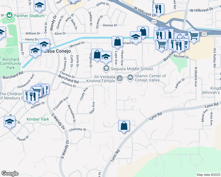 map of restaurants, bars, coffee shops, grocery stores, and more near 9 Cindy Avenue in Thousand Oaks