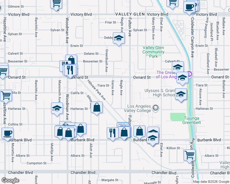 map of restaurants, bars, coffee shops, grocery stores, and more near 5866 Varna Avenue in Los Angeles